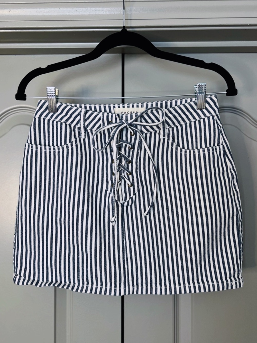 PacSun Striped Lace-Up Denim Mini Skirt | Blue White Coastal | XXS 24
